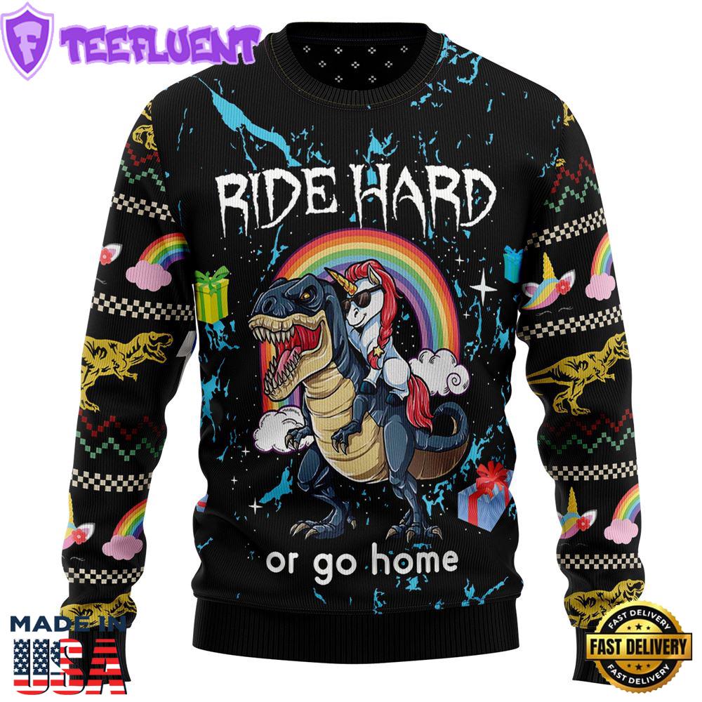 Dinosaur Unicorn Ride Hard Ugly Christmas Sweater