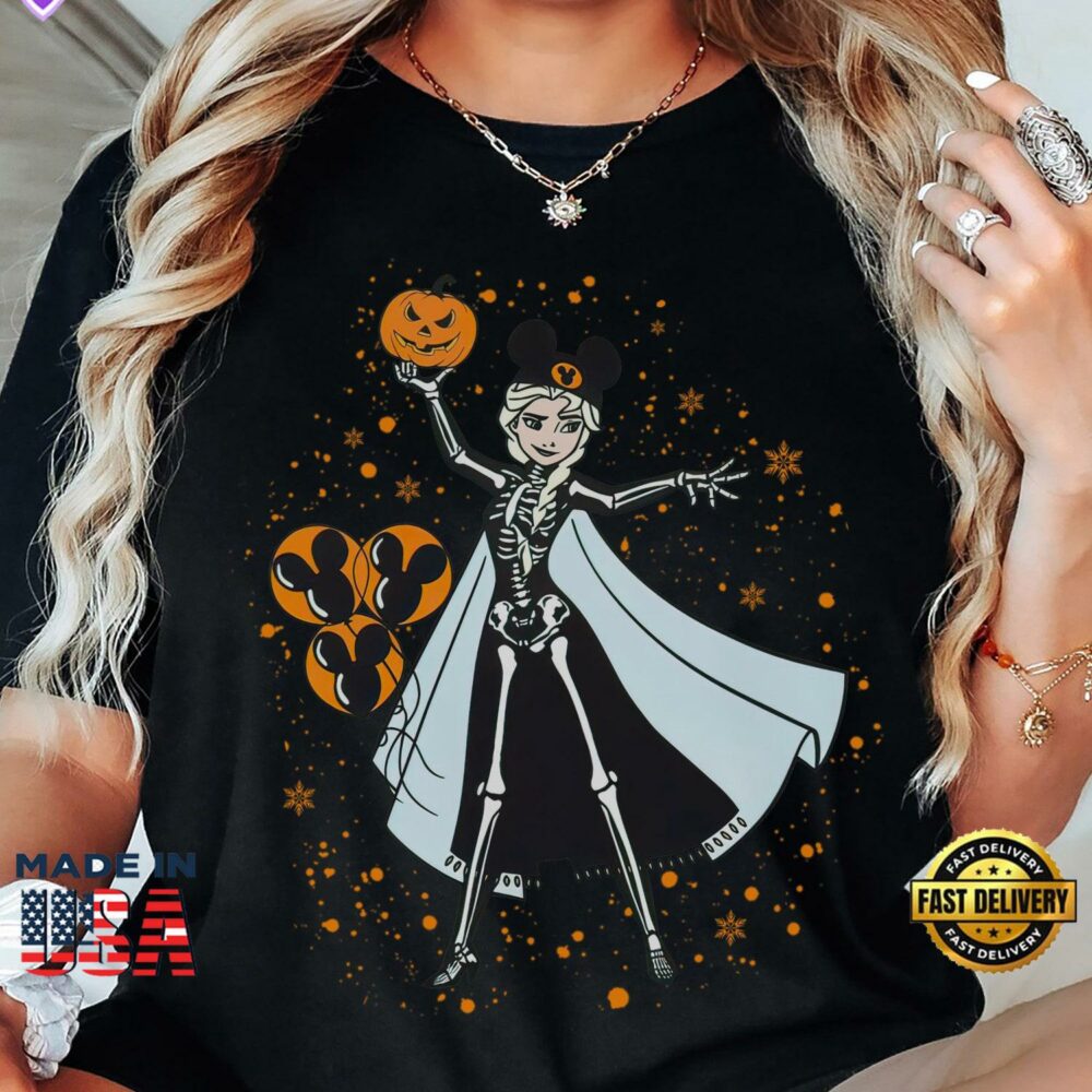 Disney Frozen Elsa Halloween Shirt Pumpkin Balloon Tee Comfort Colors Princess Skeleton T-shirt Spooky Season Party Gift
