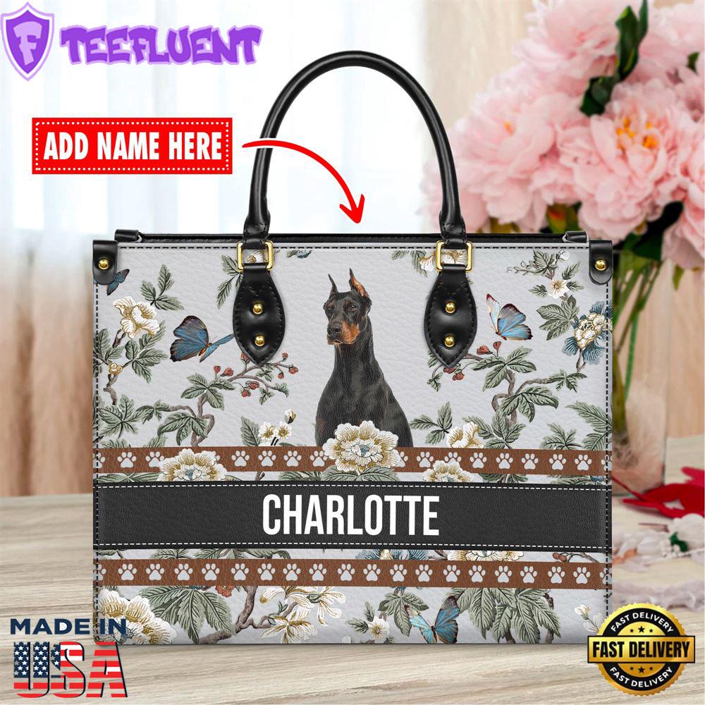 Doberman Pinscher Dog Bior Leather Handbag With Flowers And Butterfly