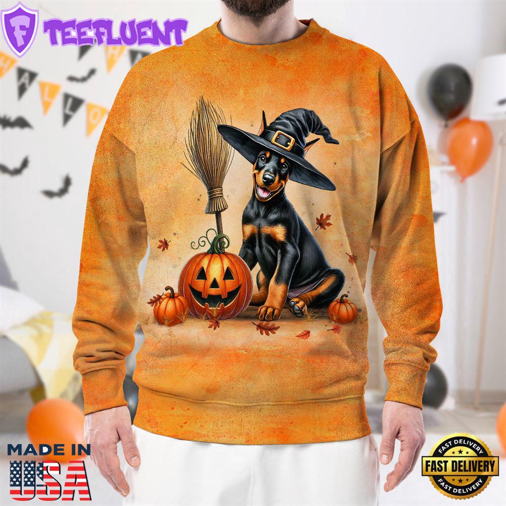 Doberman Pinscher Dog In Spooky Autumn Halloween 3D Shirt