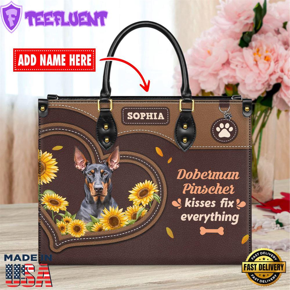 Doberman Pinscher Dog Kisses Fix Everything Leather Handbag