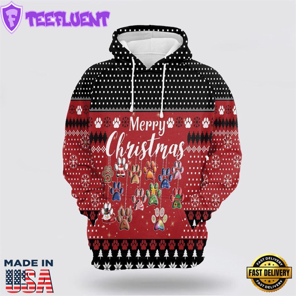 Dog Paws Merry Christmas All Over Print 3D Hoodie