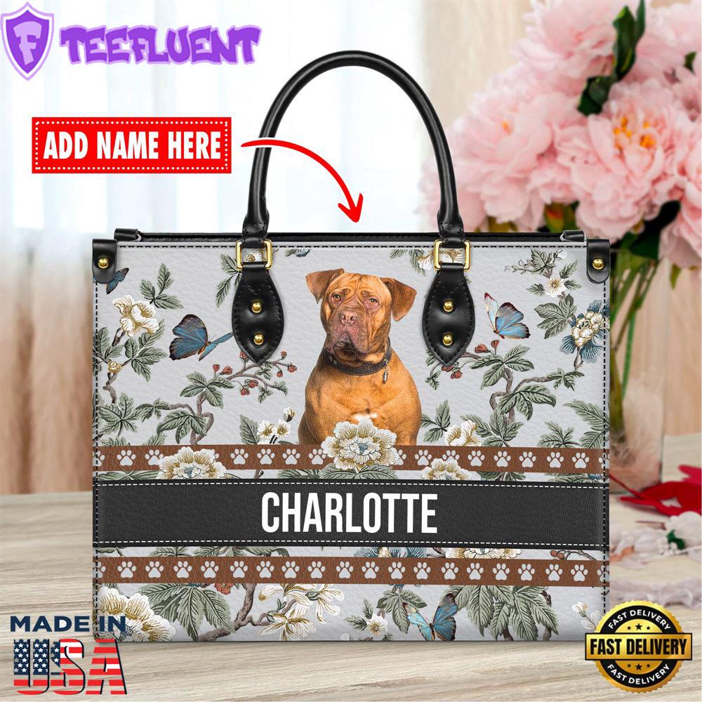 Dogues de Bordeaux Dog Bior Leather Handbag With Flowers And Butterfly