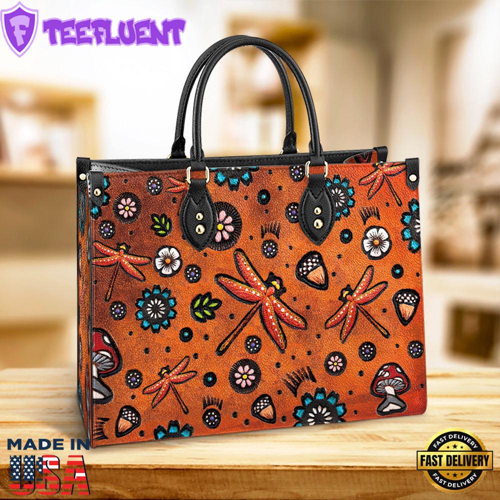 Dragonfly Mushrooms Flowers Pattern Style Leather Bag Christ Gifts Leather Bags