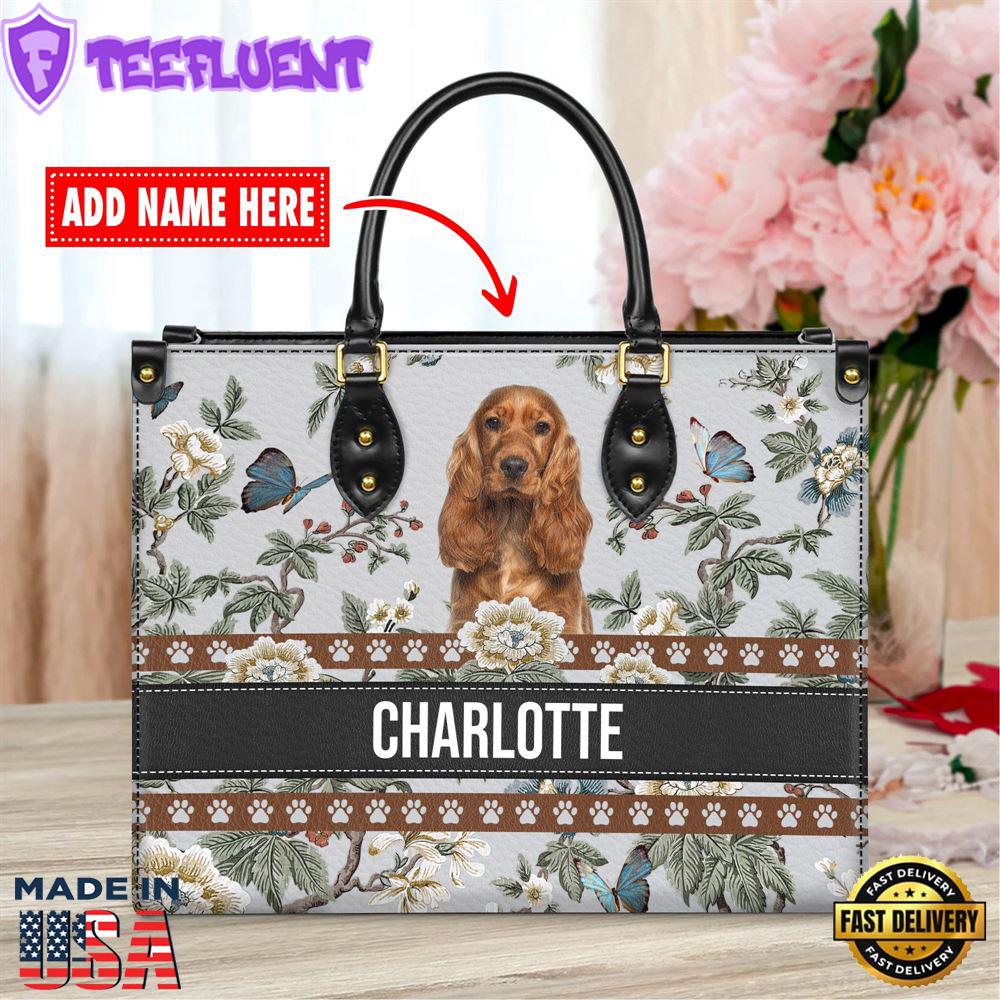 English Cocker Spaniel Dog Bior Leather Handbag With Flowers And Butterfly