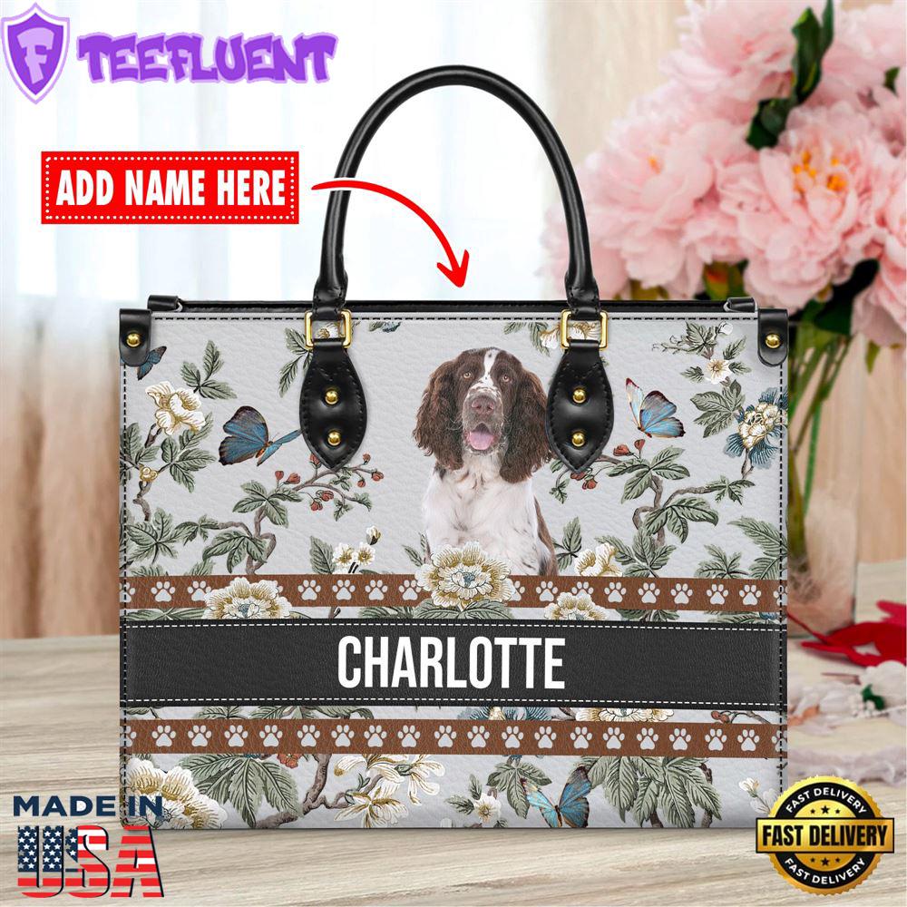 English Springer Spaniel Dog Bior Leather Handbag With Flowers And Butterfly