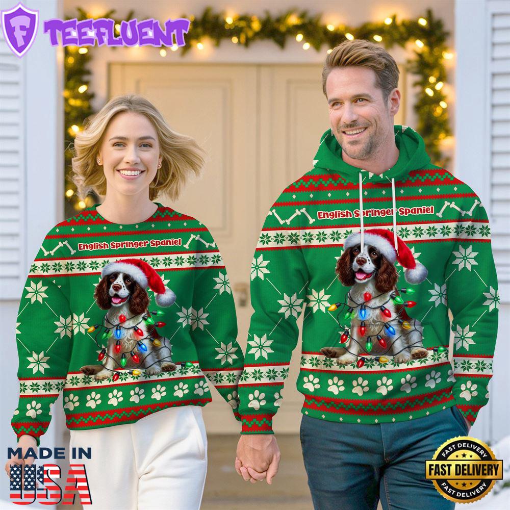 English Springer Spaniel Dog Cheer with Santa Hat Christmas Sweatshirt And Hoodie Green