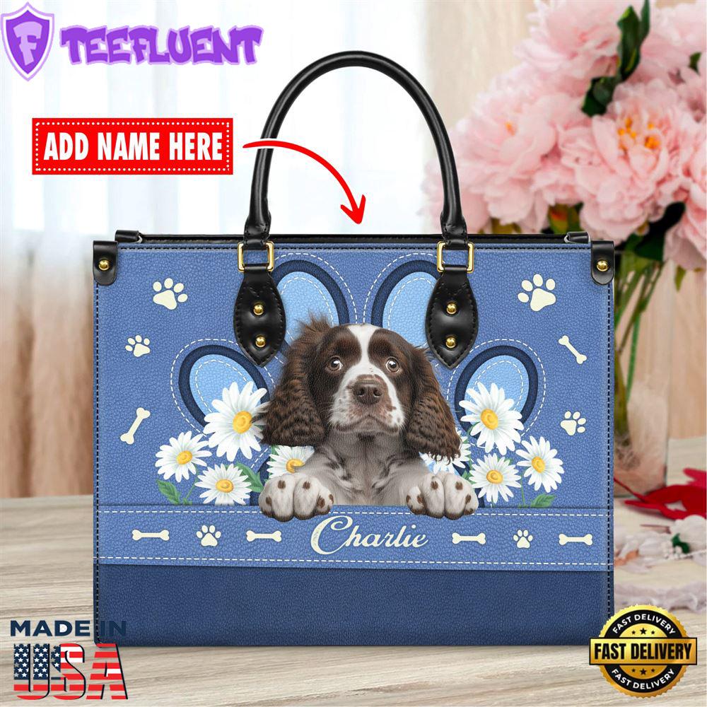 English Springer Spaniel Dog Lover Leather Bag With Daisy Flowers