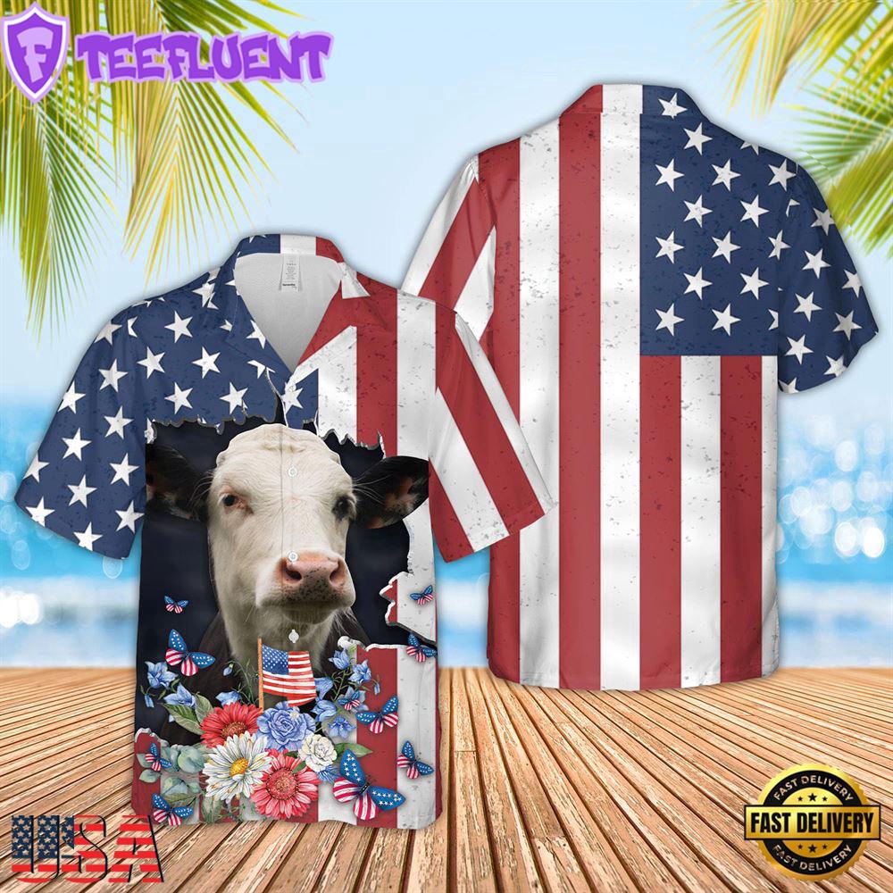 Farm Hawaiian Shirt, Black Baldy 4Th Of July 3D Hawaiian Shirt, Cow Hawaiian Shirt