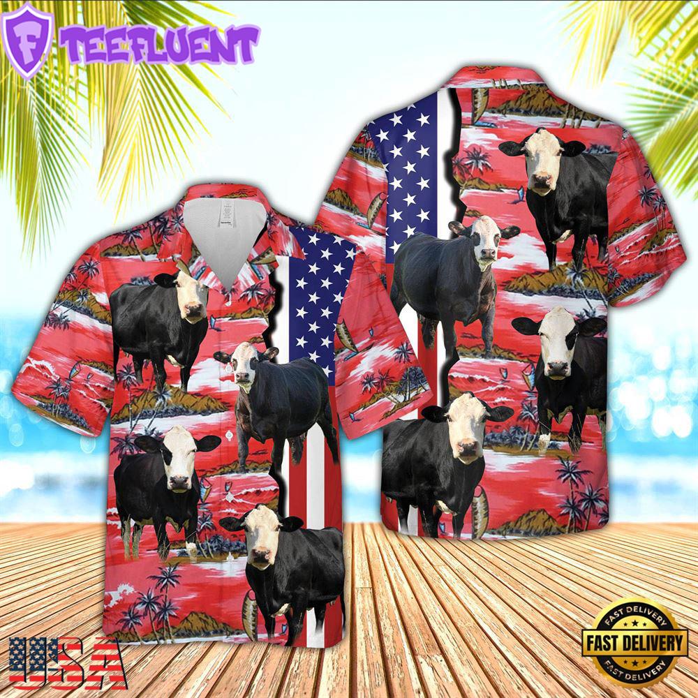 Farm Hawaiian Shirt, Black Baldy American Flag Farming 3D Hawaiian Shirt, Cow Hawaiian Shirt