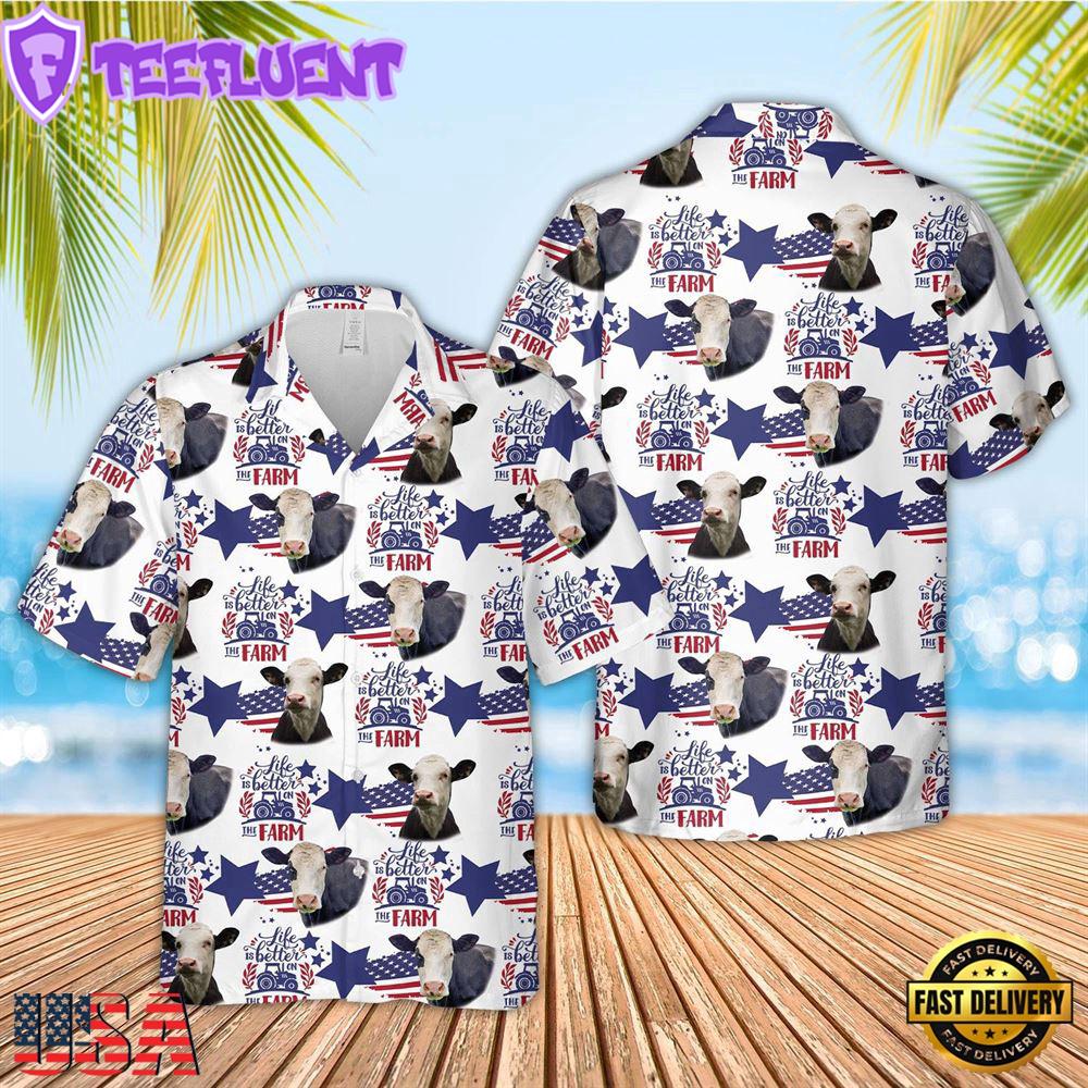 Farm Hawaiian Shirt, Black Baldy American Flag Pattern Hawaiian Shirt, Cow Hawaiian Shirt