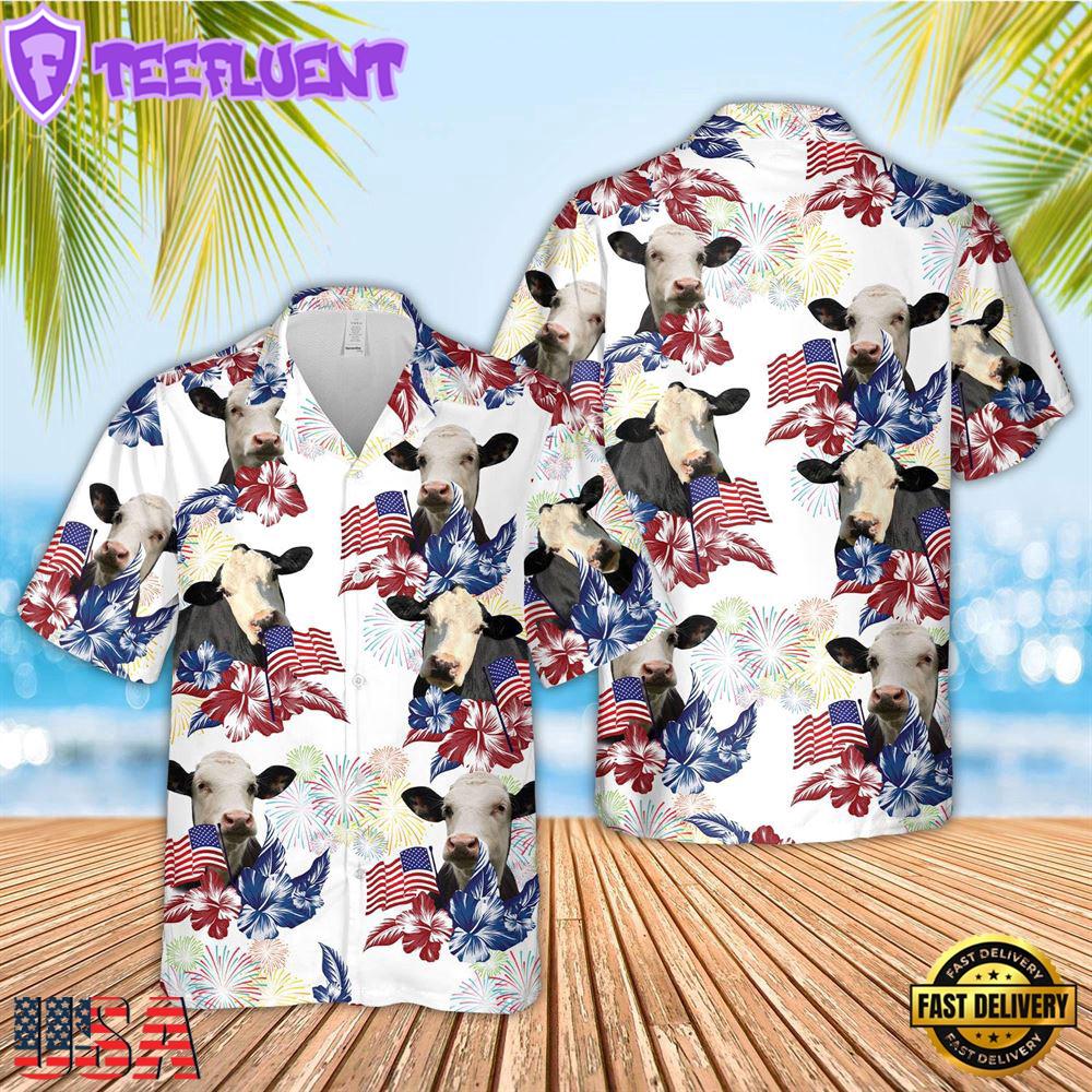 Farm Hawaiian Shirt, Black Baldy American Flowers And Flag Pattern Hawaiian Shirt, Cow Hawaiian Shirt