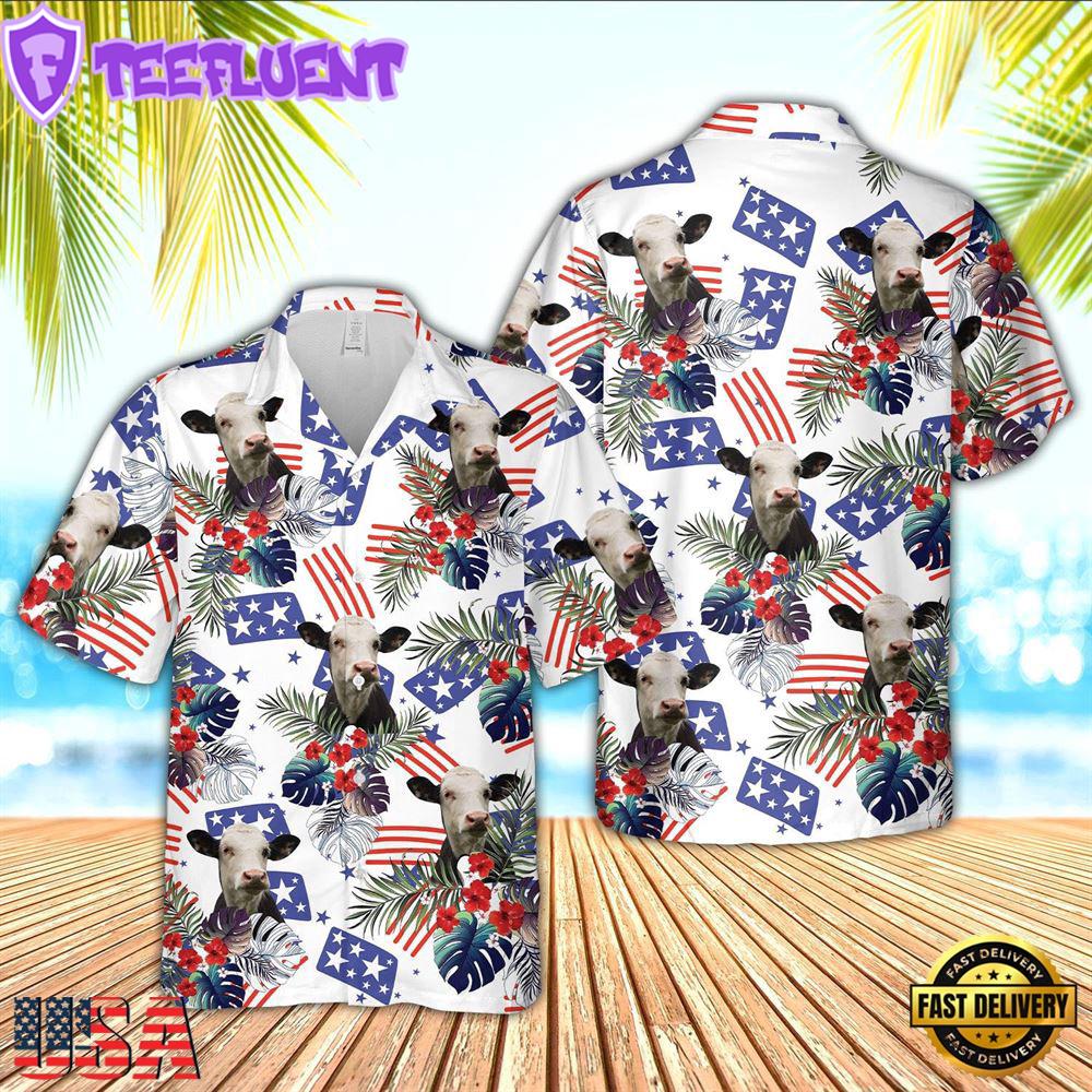 Farm Hawaiian Shirt, Black Baldy American Little Flowers And Flag Pattern Hawaiian Shirt, Cow Hawaiian Shirt