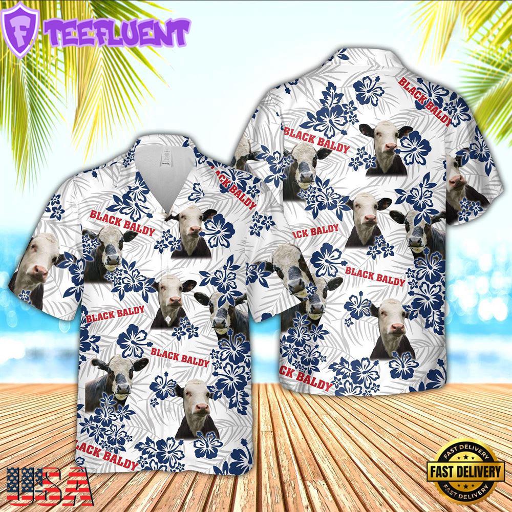 Farm Hawaiian Shirt, Black Baldy American White Flowers Pattern Hawaiian Shirt, Cow Hawaiian Shirt