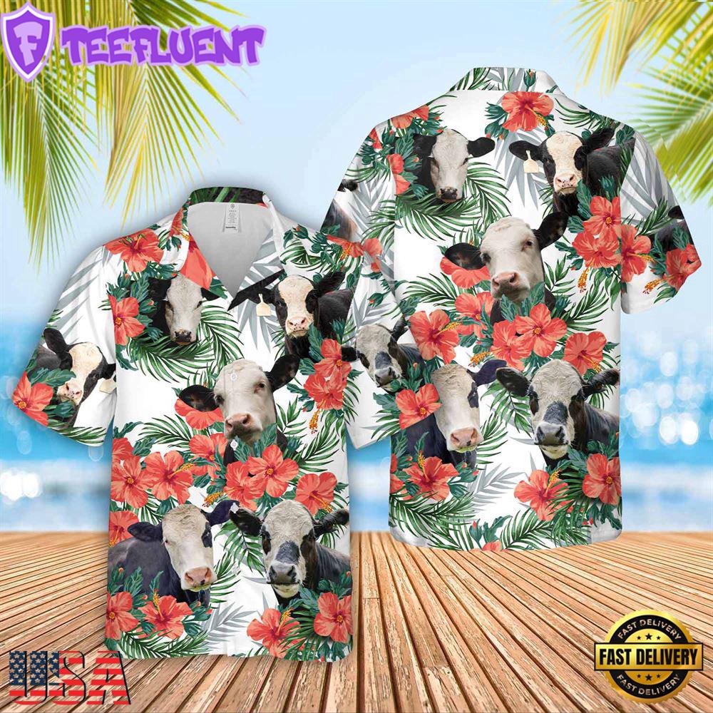 Farm Hawaiian Shirt, Black Baldy Cattle Hibucis Flower Pattern 3D Hawaiian Shirt, Cow Hawaiian Shirt