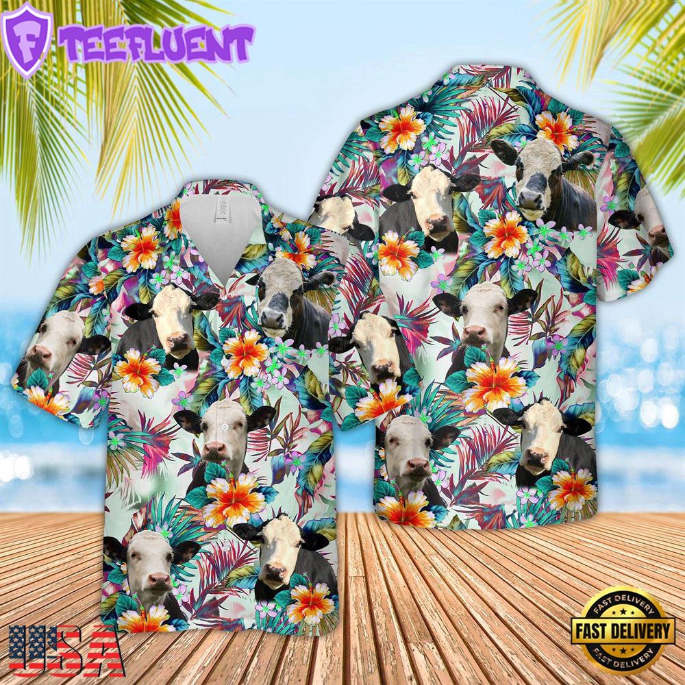 Farm Hawaiian Shirt, Black Baldy Cows With Flowers 3D Hawaiian Shirt, Cow Hawaiian Shirt