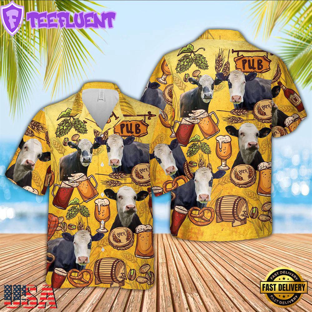Farm Hawaiian Shirt, Black Baldy Drink Beer Pattern 3D Hawaiian Shirt, Cow Hawaiian Shirt