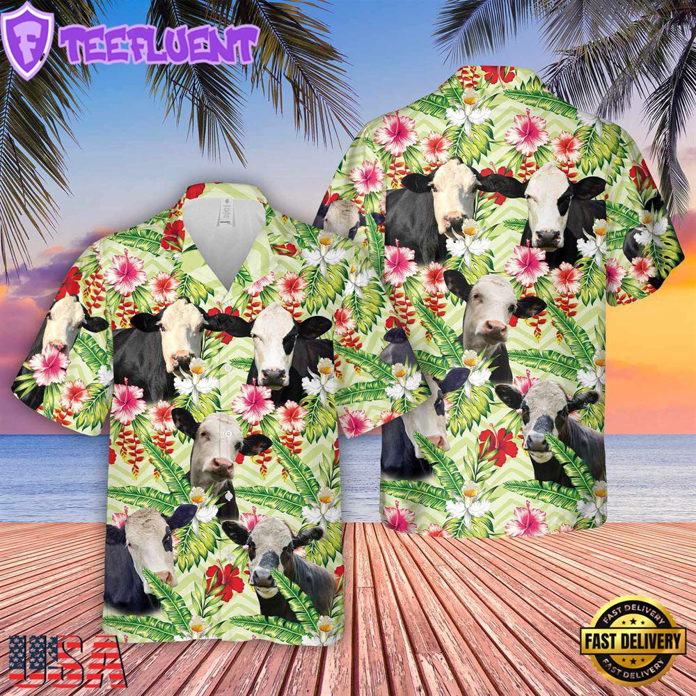 Farm Hawaiian Shirt, Black Baldy Hibicus Floral 3D Hawaiian Shirt, Cow Hawaiian Shirt