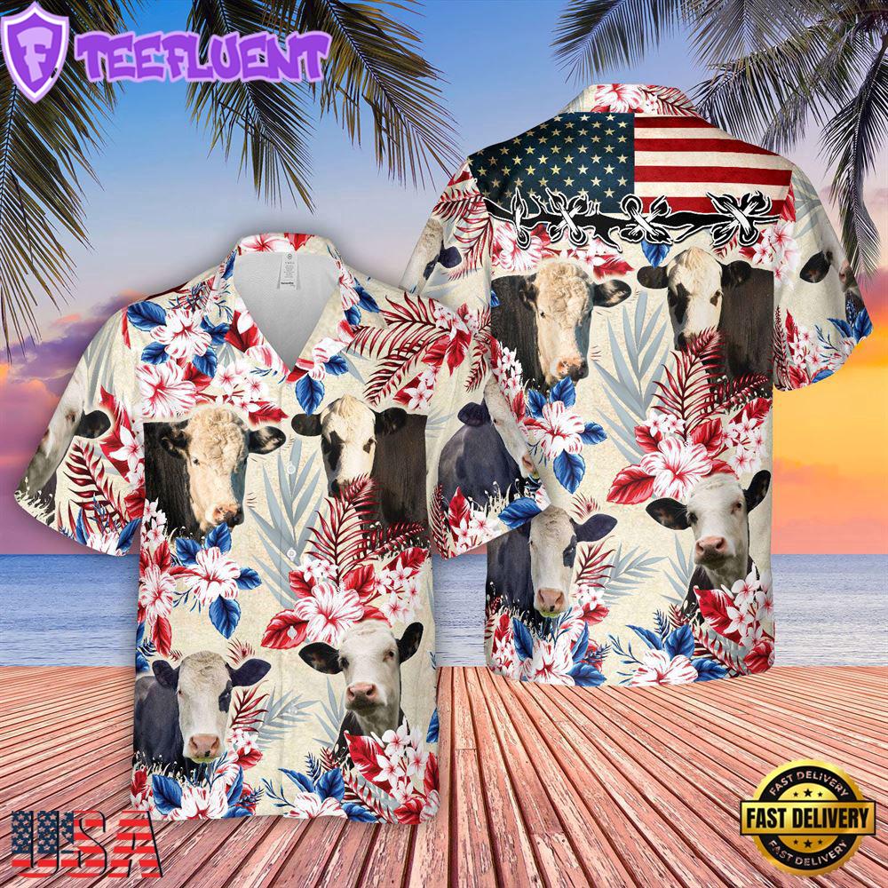 Farm Hawaiian Shirt, Black Baldy Pattern Us Flag Hawaiian Shirt, Cow Hawaiian Shirt