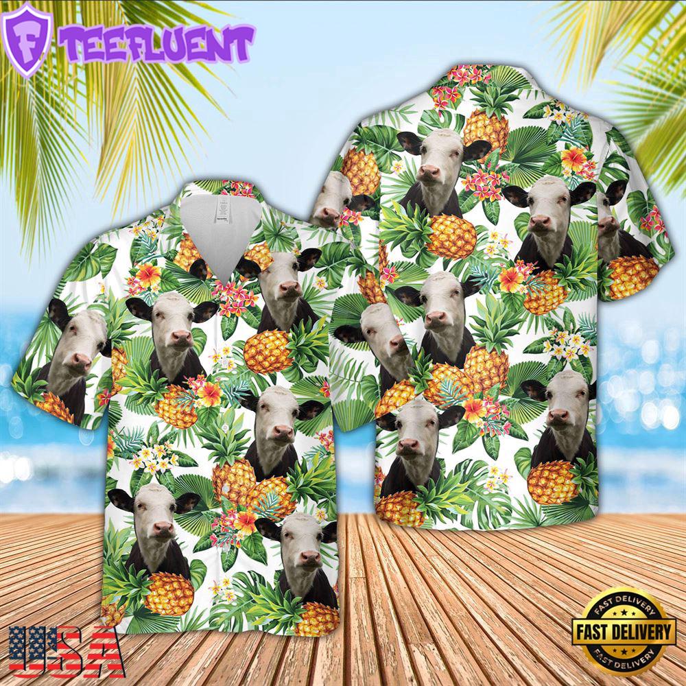 Farm Hawaiian Shirt, Black Baldy Pineapple Pattern 3D Hawaiian Shirt, Cow Hawaiian Shirt
