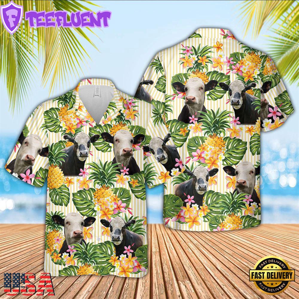Farm Hawaiian Shirt, Black Baldy Pineapple Pattern Hawaiian Shirt, Cow Hawaiian Shirt