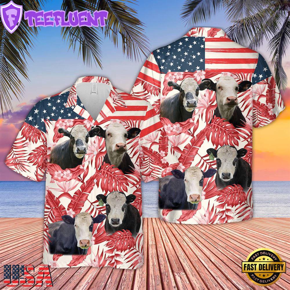 Farm Hawaiian Shirt, Black Baldy Red Floral Us Flag 3D Hawaiian Shirt, Cow Hawaiian Shirt