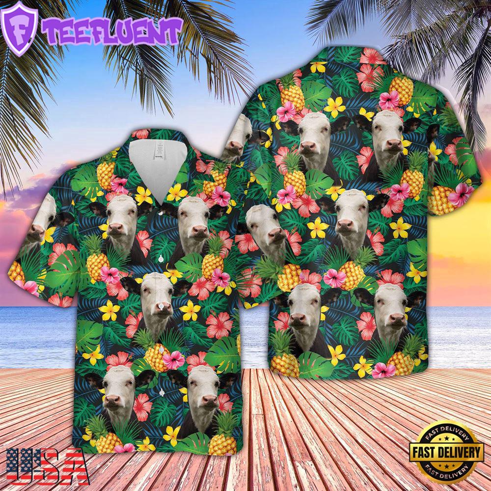 Farm Hawaiian Shirt, Black Baldy Summer Pattern 3D Hawaiian Shirt, Cow Hawaiian Shirt