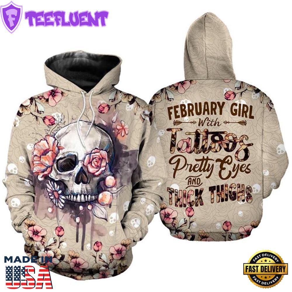 February Girl Skull All Over Print Leggings Hoodie Set Outfit For Women Gift Xmas