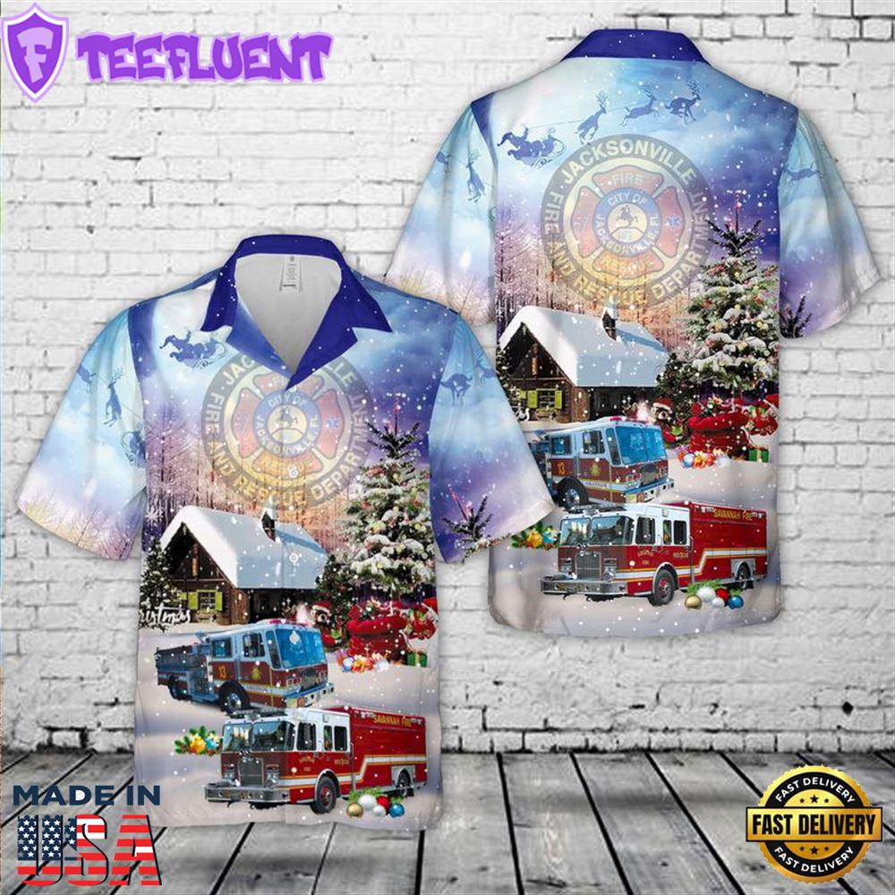 Fire Department Jacksonville Florida Firefighter Emergency Service Christmas Hawaiian Shirt