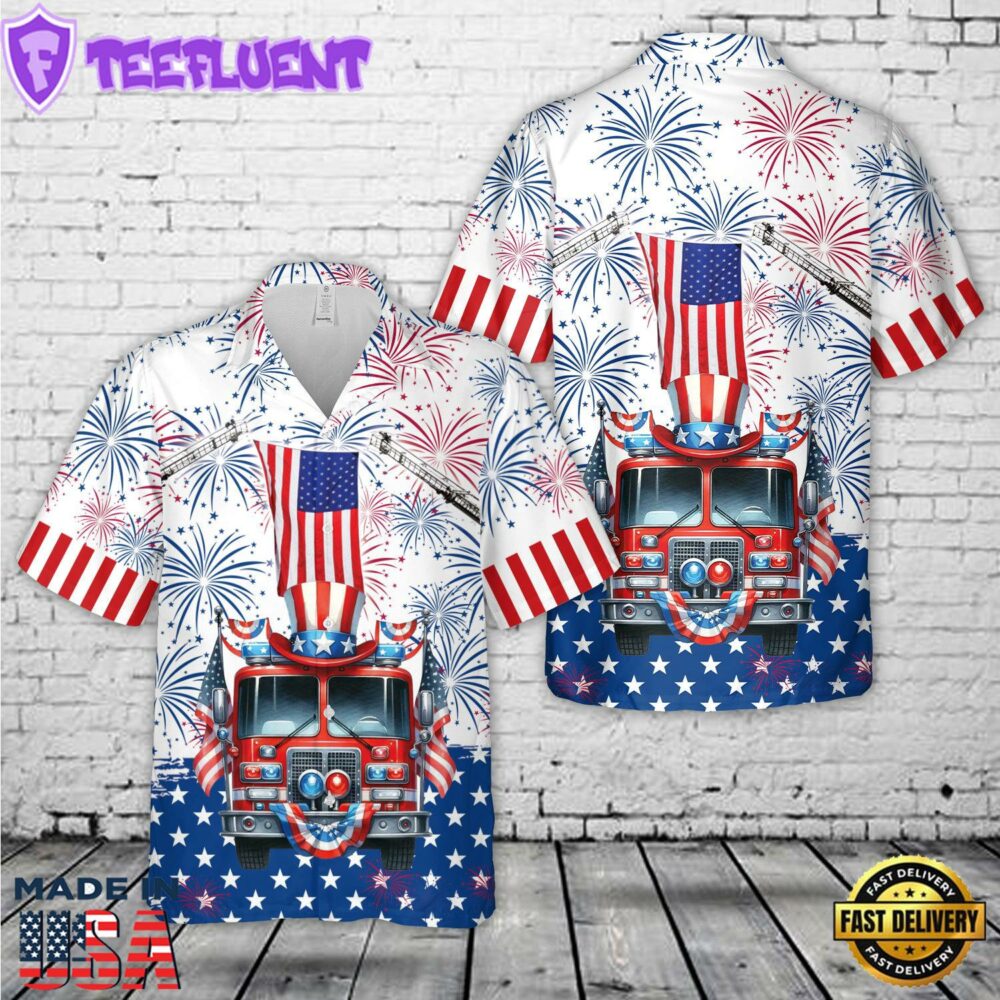 Fire Truck Firefighter, 4th Of July Hawaiian Shirt 1