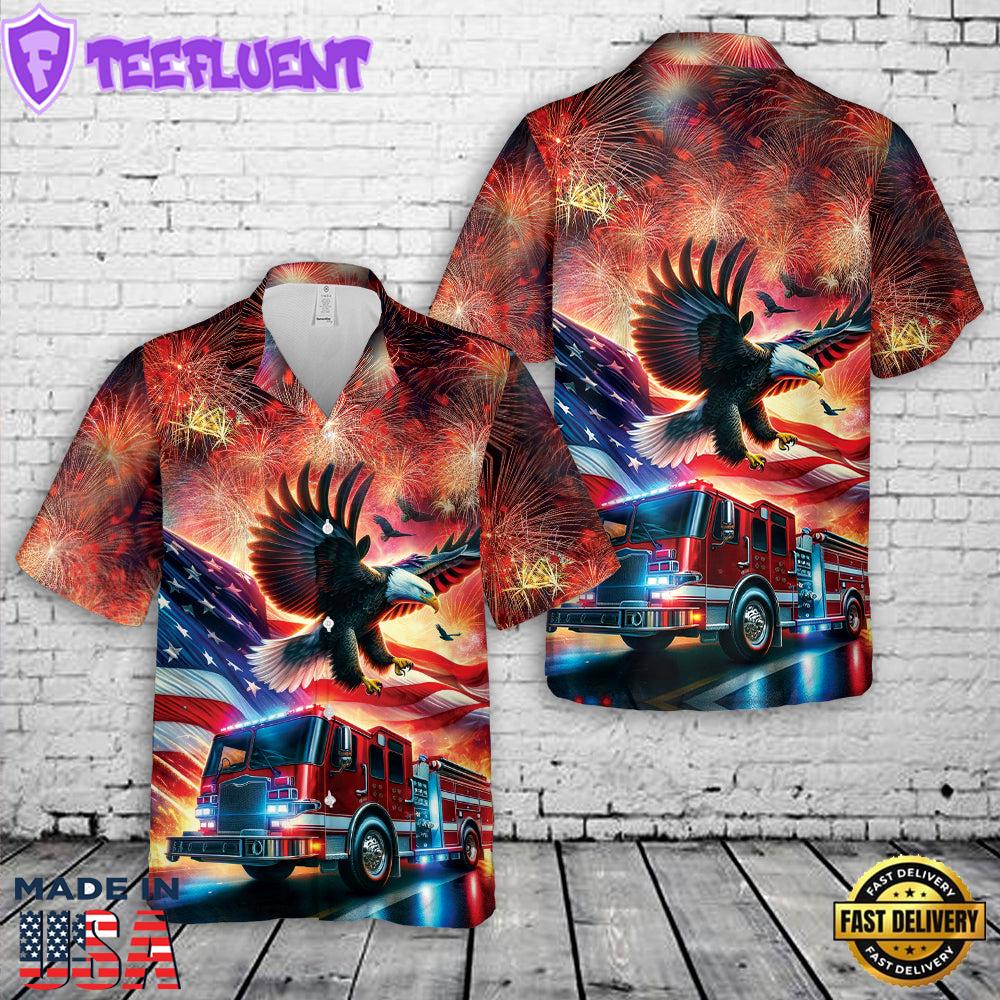 Fire Truck Patriot Eagle 4th Of July Hawaiian Shirt 1