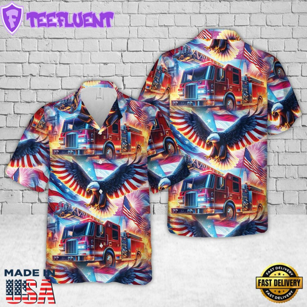 Fire Truck Patriot Eagle 4th Of July Hawaiian Shirt