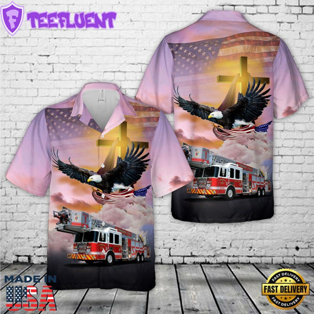 Fire Truck Patriot Eagle American Flag Cross, 4th Of July Flag Hawaiian Shirt