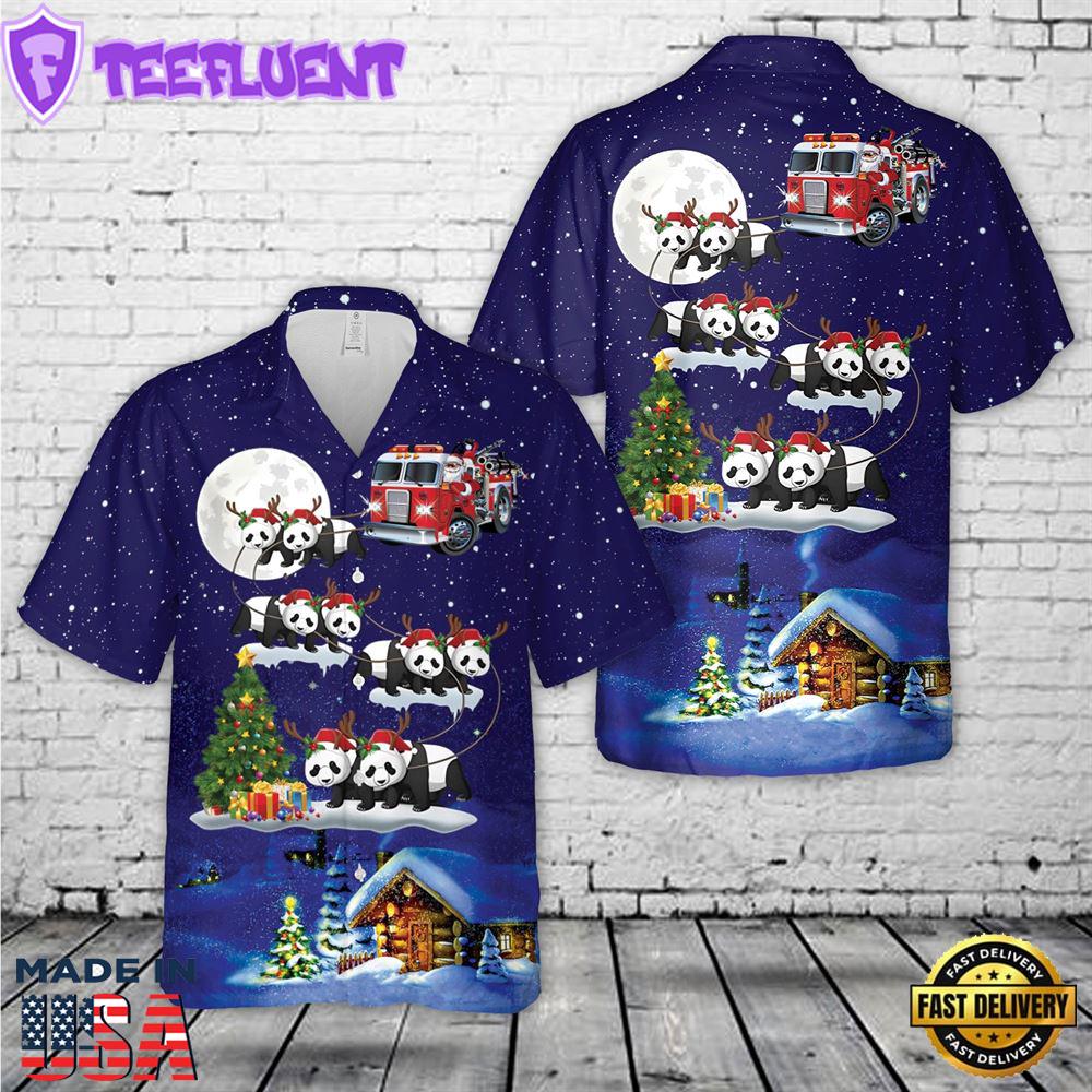 Fire Truck Santa Riding Panda Christmas Hawaiian Shirt