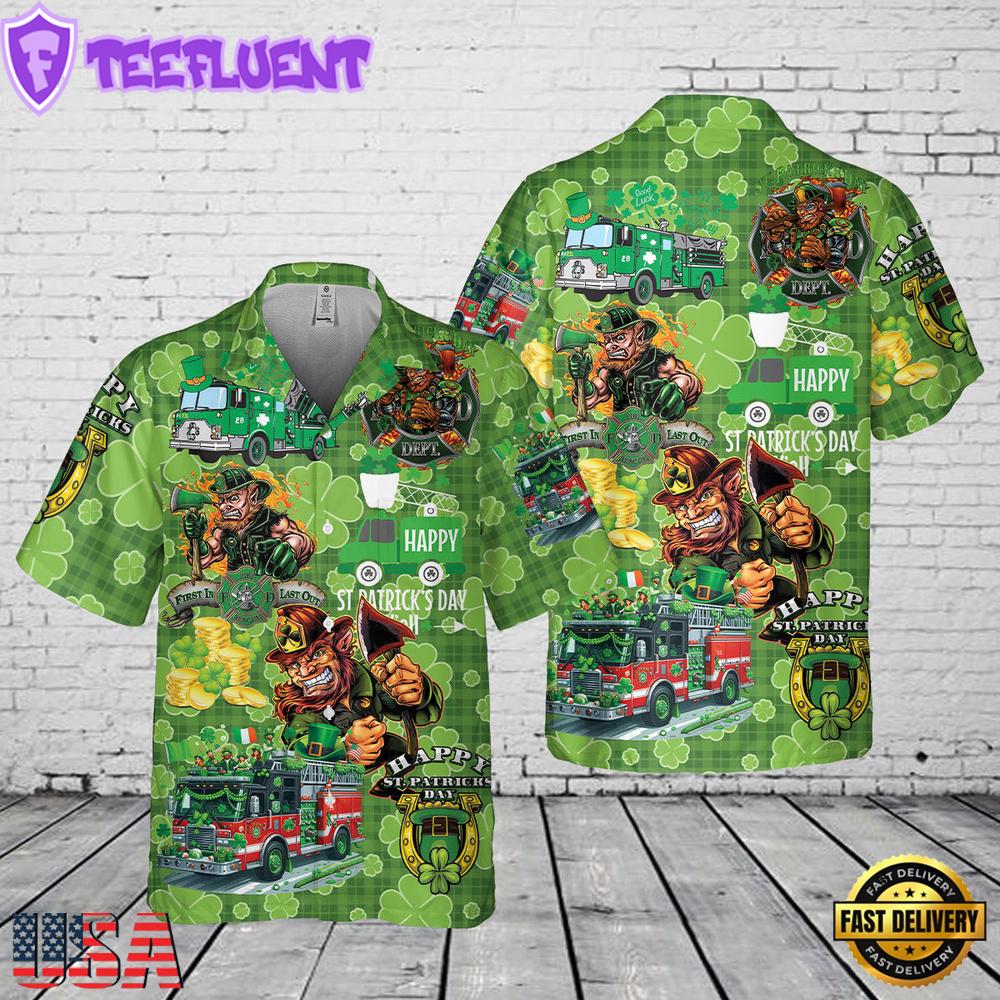 Fire Truck St Patrick's Day Pocket Hawaiian Shirt