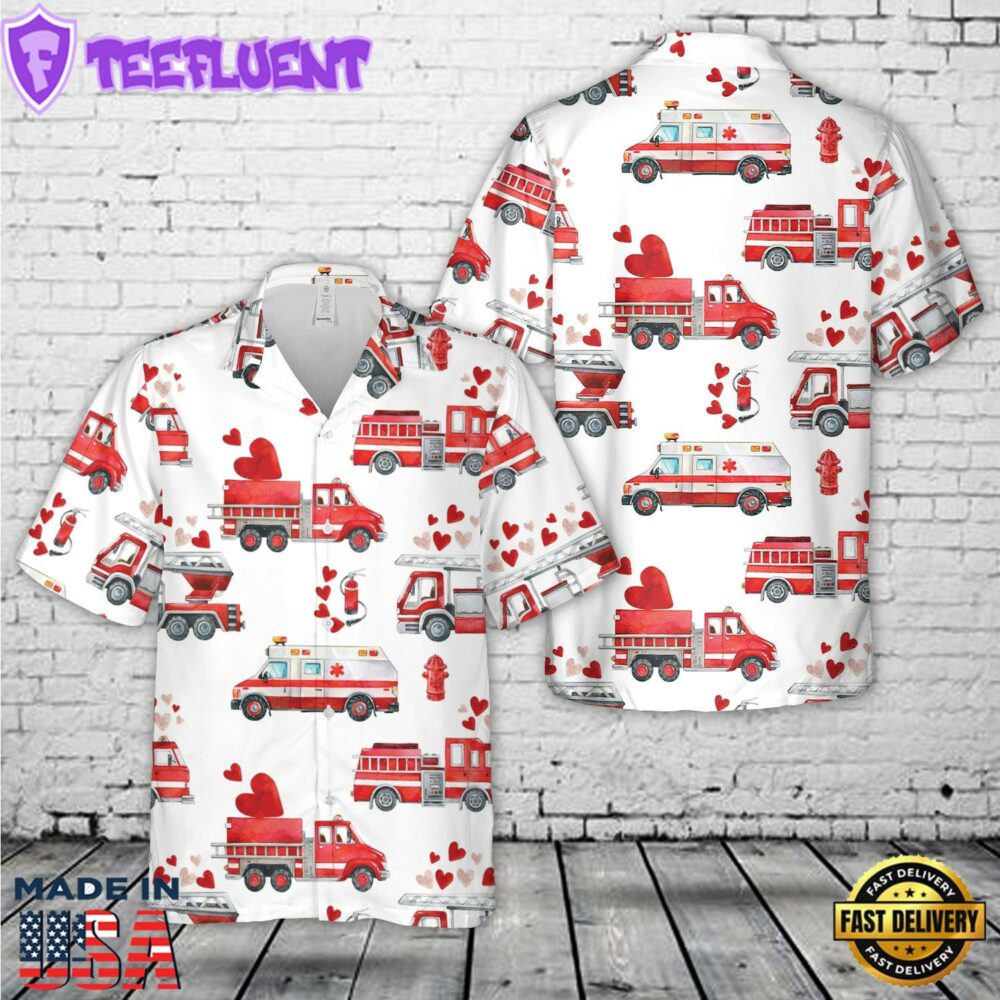Fire Trucks and Valentine Hearts Hawaiian Shirt