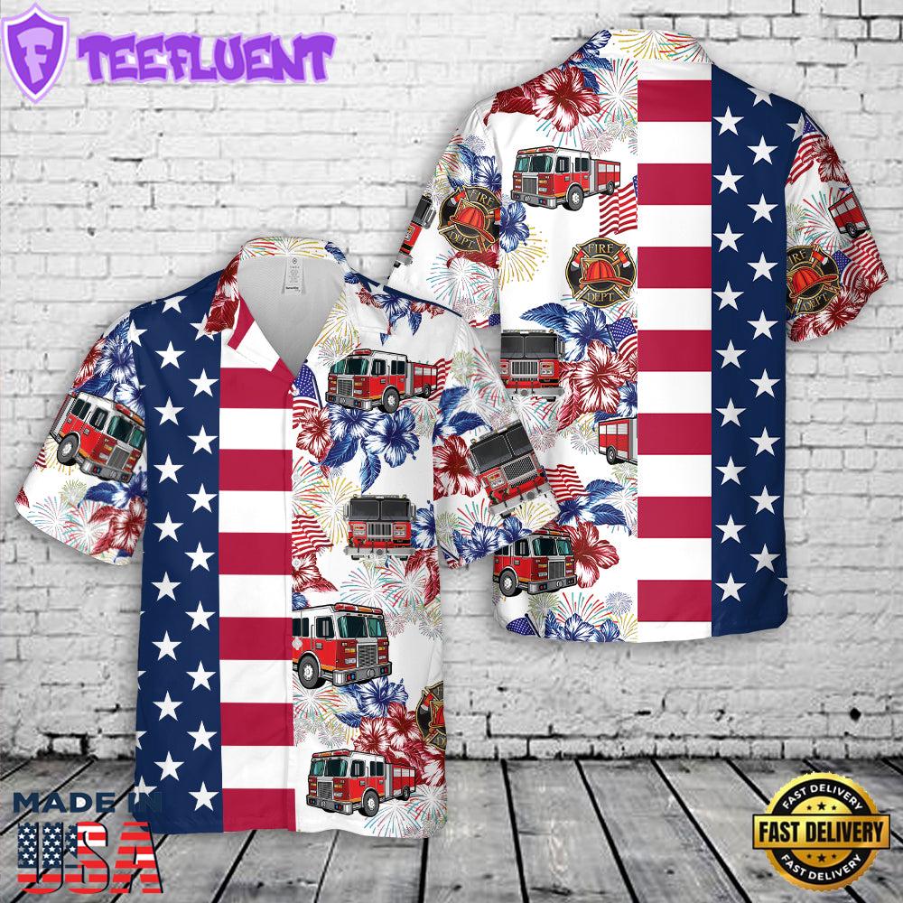 Fire Trucks Flag Firefighter, 4th Of July Hawaiian Shirt