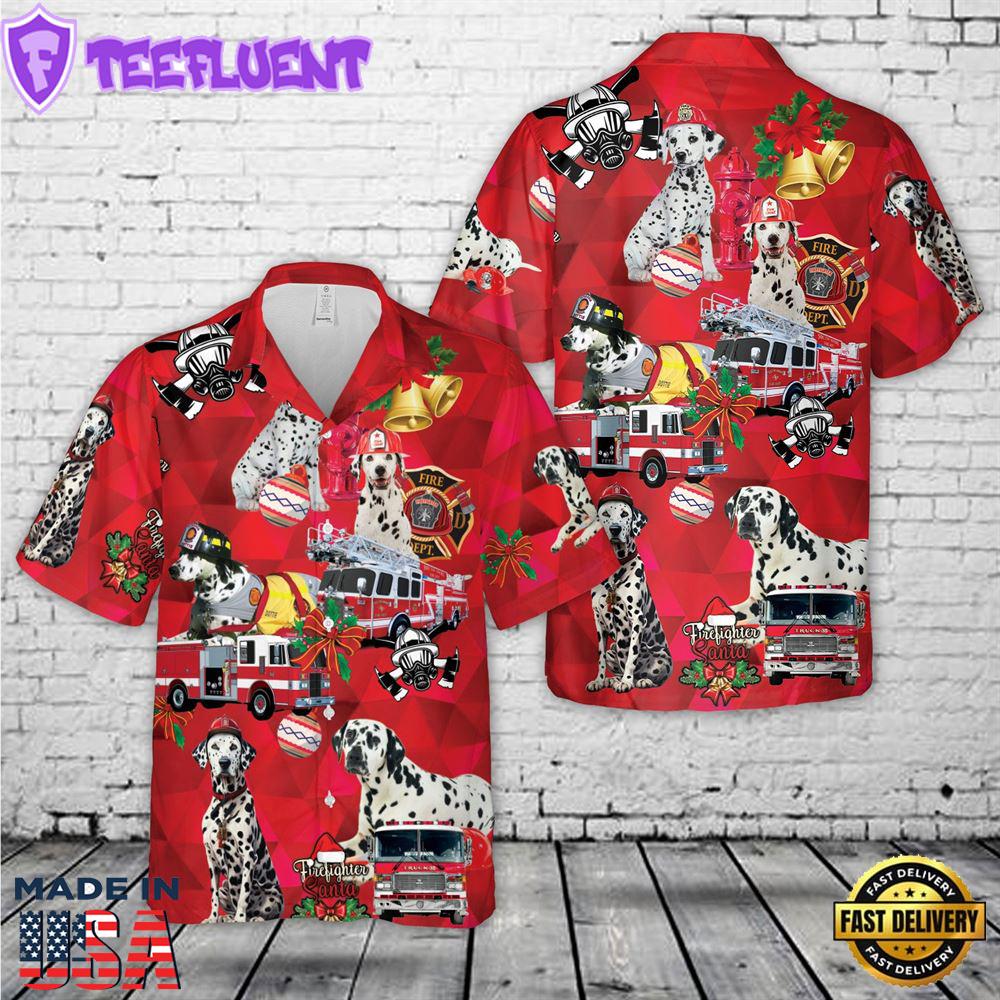 Firefighter Fire Truck And Dalmatian Fire Dog Christmas Hawaiian Shirt