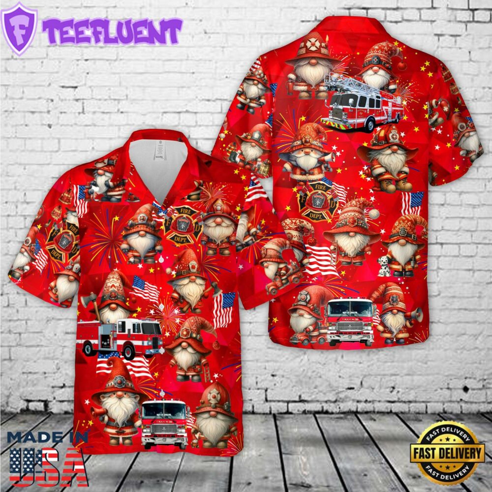 Firefighter Gnome Firefighter Fire Truck 4th of July Hawaiian Shirt 1