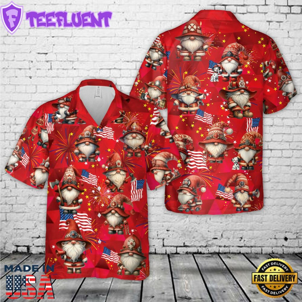 Firefighter Gnome Firefighter Fire Truck 4th of July Hawaiian Shirt