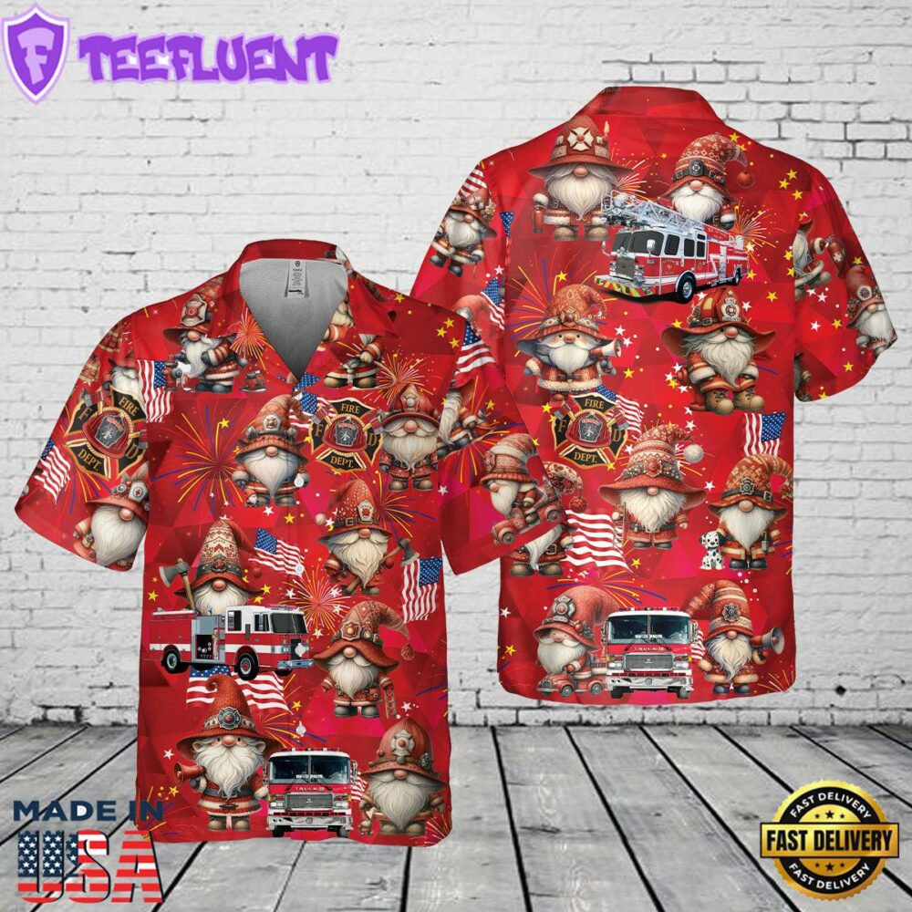 Firefighter Gnome Firefighter Fire Truck 4th of July Pocket Hawaiian Shirt