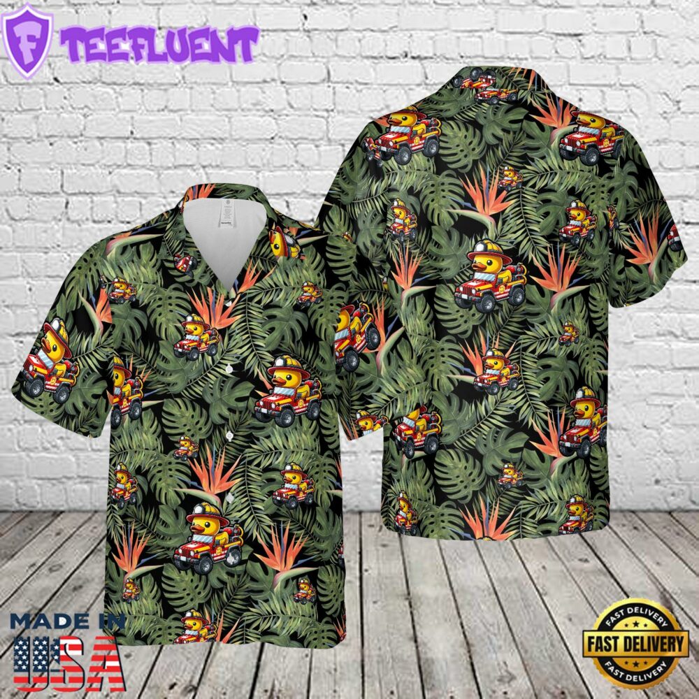 Fireman Rubber Ducky Riding American Off-Road Fire Truck Hawaiian Shirt