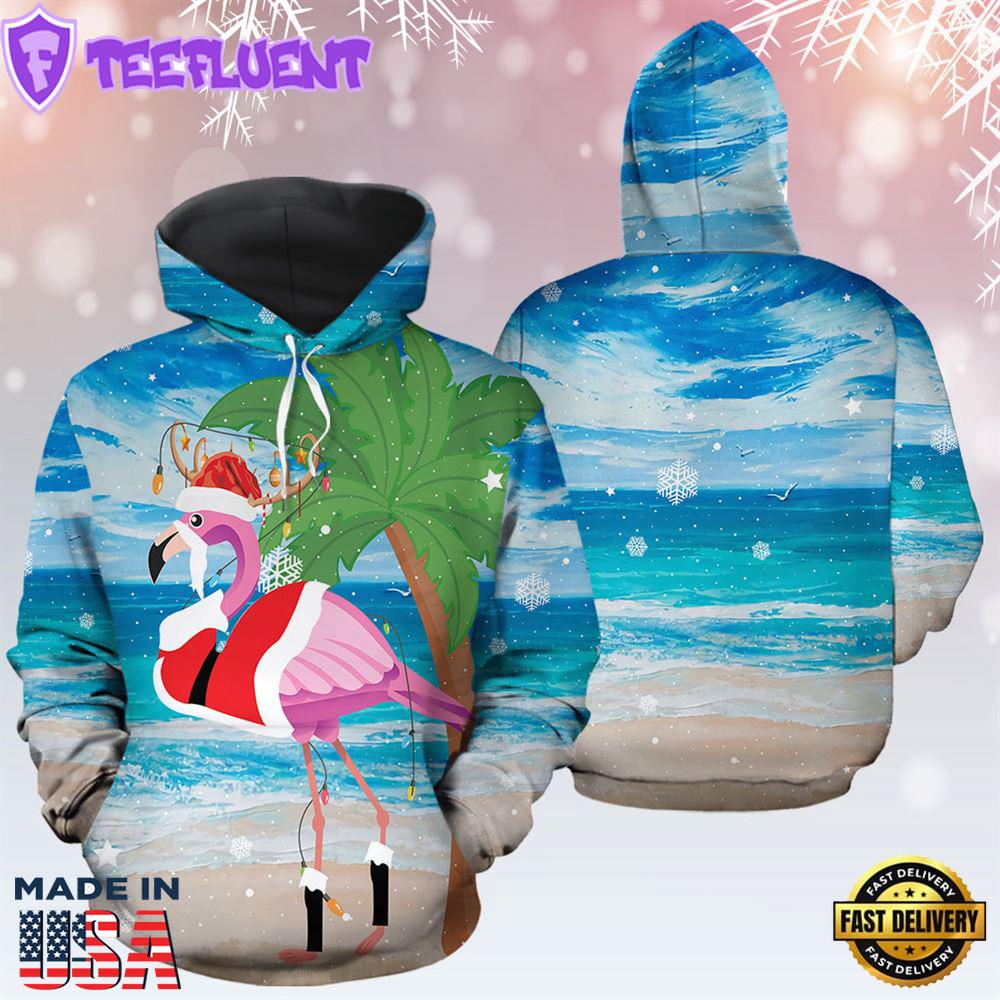 Flamingo Beach Christmas Hoodie All Over Print