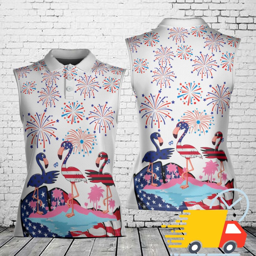 Flamingo Fireworks Bang 4th Of July Patriotic American Flag Women's Sleeveless Athleisure Polo Shirt