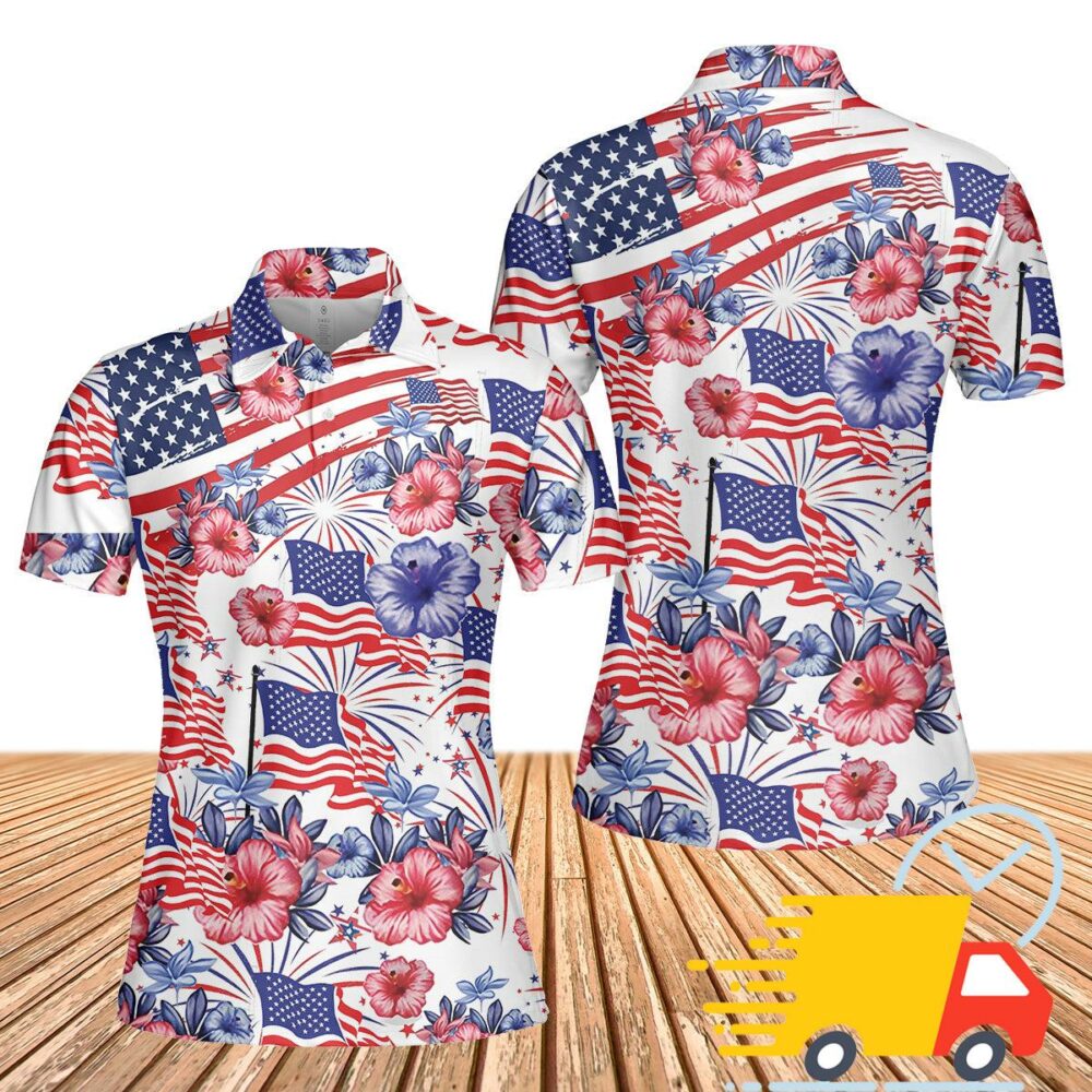 Flower American Flag 4th Of July Women's Polo Shirt