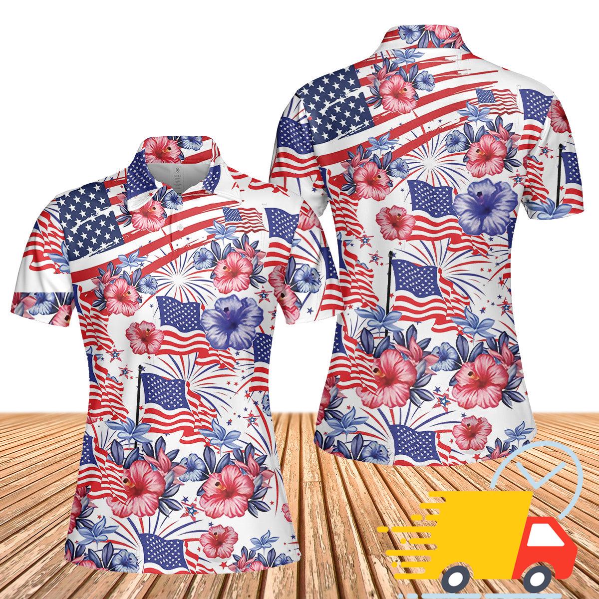 Flower American Flag 4th Of July Women's Polo Shirt Flower American Flag 4th Of July Women's Polo Shirt