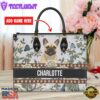 French Bull Dog Bior Leather Handbag With Flowers And Butterfly