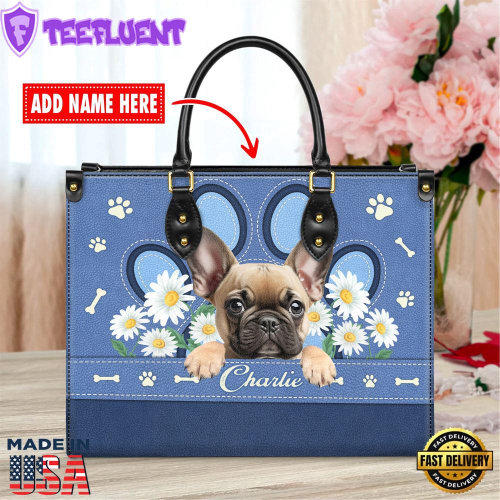 French Bull Dog Lover Leather Bag With Daisy Flowers