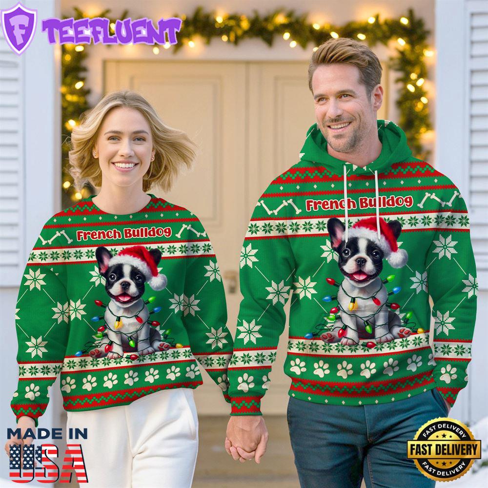 French Bulldog Cheer with Santa Hat Christmas Sweatshirt And Hoodie Green