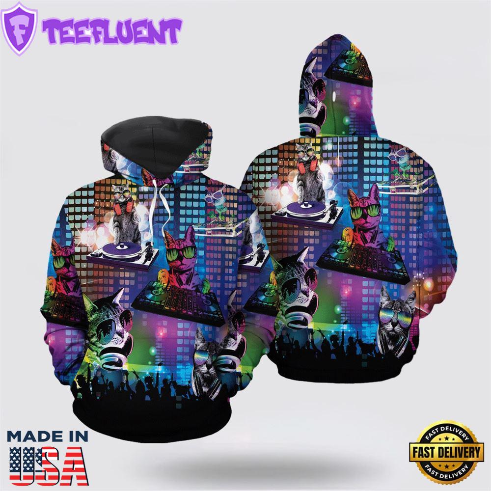Funny DJ Cat All Over Print 3D Hoodie For Men And Women